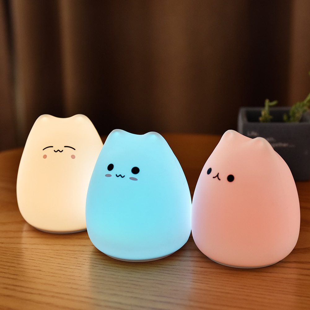 NEW LED Night Light Soft Cat Silicone Animal Touch Sensor Pat Lamp Mini Cute 7 Color Changing for Kids Baby Bedroom Desktop Deco