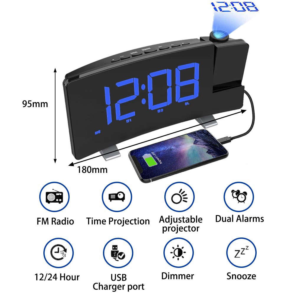 NEW LED Digital Projection Alarm Clock Table Electronic Alarm Clock with Projection FM Radio Time Projector Bedroom Bedside Cloc