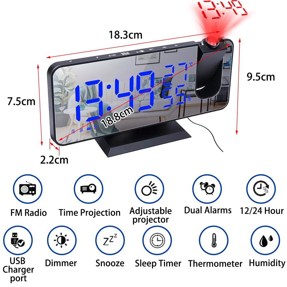 NEW LED Digital Projection Alarm Clock Table Electronic Alarm Clock with Projection FM Radio Time Projector Bedroom Bedside Cloc