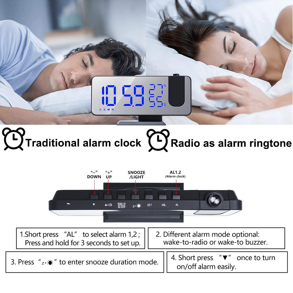 NEW LED Digital Projection Alarm Clock Table Electronic Alarm Clock with Projection FM Radio Time Projector Bedroom Bedside Cloc