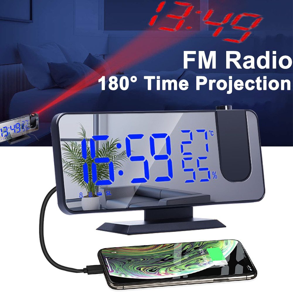 NEW LED Digital Projection Alarm Clock Table Electronic Alarm Clock with Projection FM Radio Time Projector Bedroom Bedside Cloc