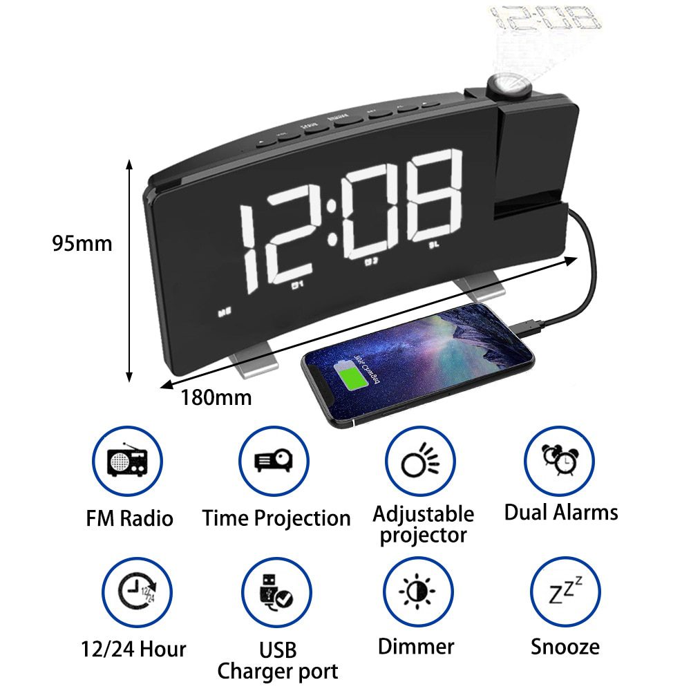 NEW LED Digital Projection Alarm Clock Table Electronic Alarm Clock with Projection FM Radio Time Projector Bedroom Bedside Cloc