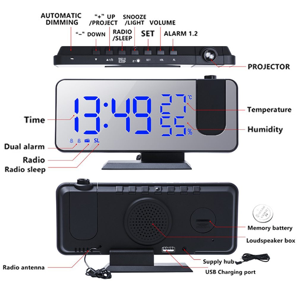 NEW LED Digital Projection Alarm Clock Table Electronic Alarm Clock with Projection FM Radio Time Projector Bedroom Bedside Cloc