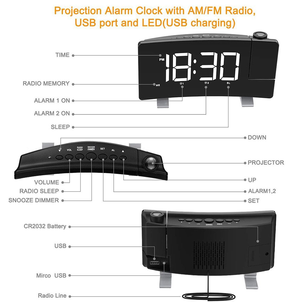 NEW LED Digital Projection Alarm Clock Table Electronic Alarm Clock with Projection FM Radio Time Projector Bedroom Bedside Cloc