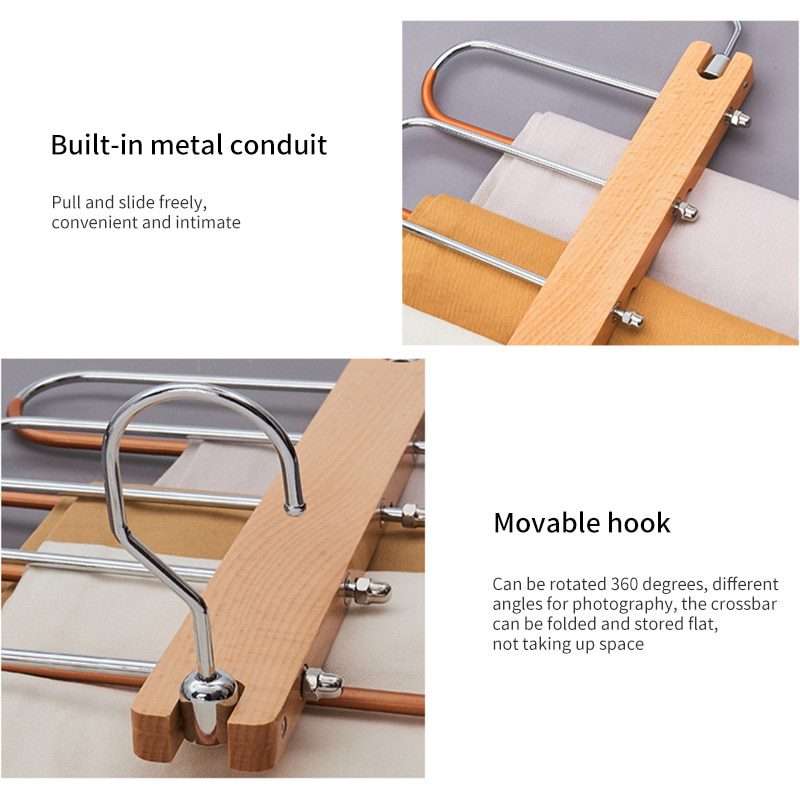 NEW 5 Layers Clothes Wood Hangers Multifunctional Pants Rack Bedroom Closet Shelves Jeans Non Slip Wardrobe Organizer Space Savi