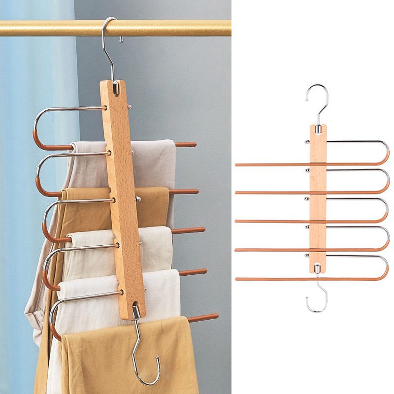 NEW 5 Layers Clothes Wood Hangers Multifunctional Pants Rack Bedroom Closet Shelves Jeans Non Slip Wardrobe Organizer Space Savi