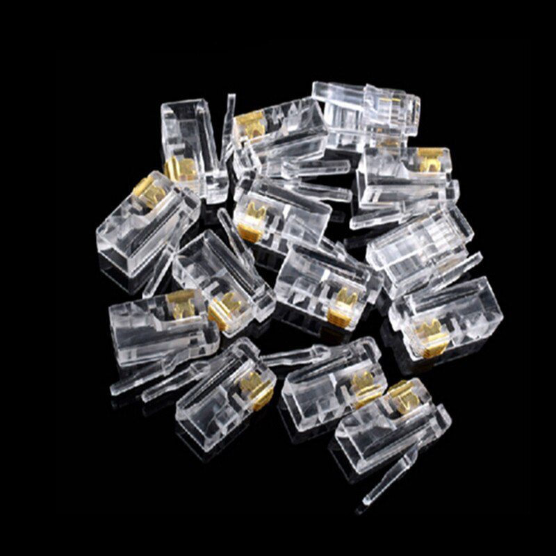 NEW 100Pcs/lot RJ11 4P4C New Crystal Head Modular Plug Gold Plated Network Connector Wholesale