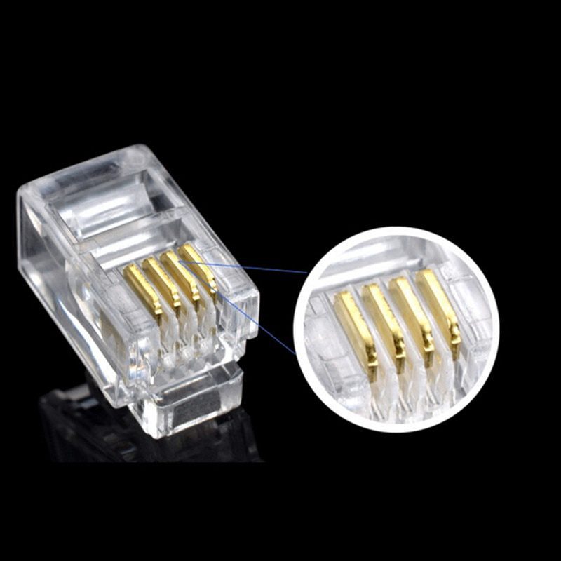 NEW 100Pcs/lot RJ11 4P4C New Crystal Head Modular Plug Gold Plated Network Connector Wholesale