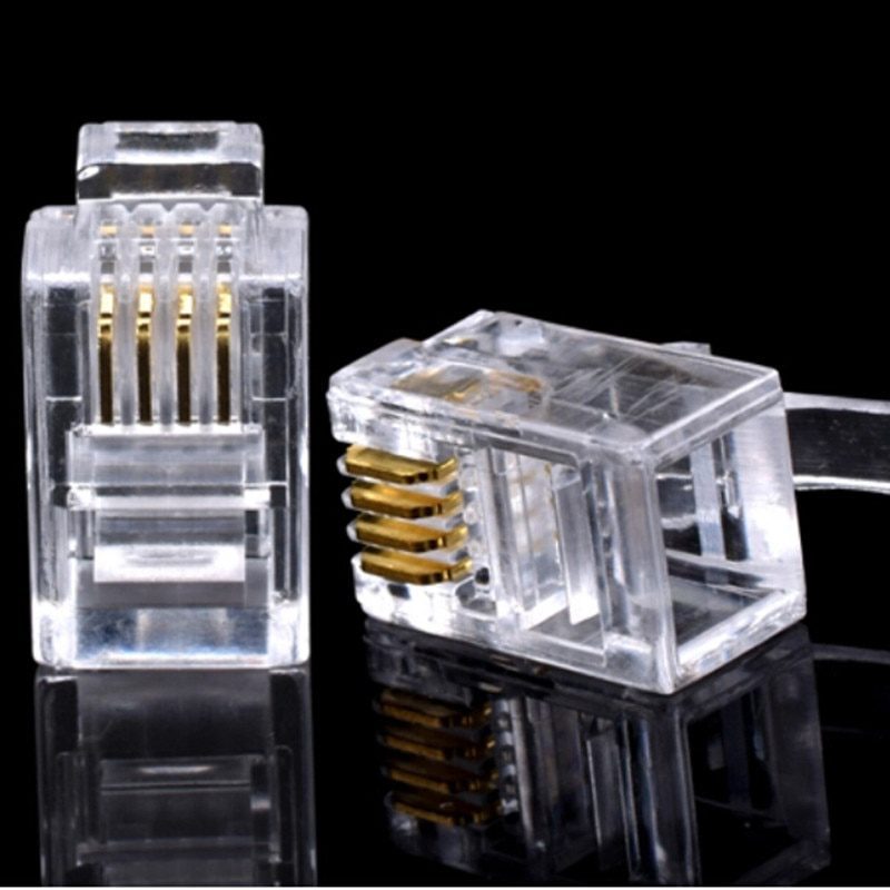 NEW 100Pcs/lot RJ11 4P4C New Crystal Head Modular Plug Gold Plated Network Connector Wholesale