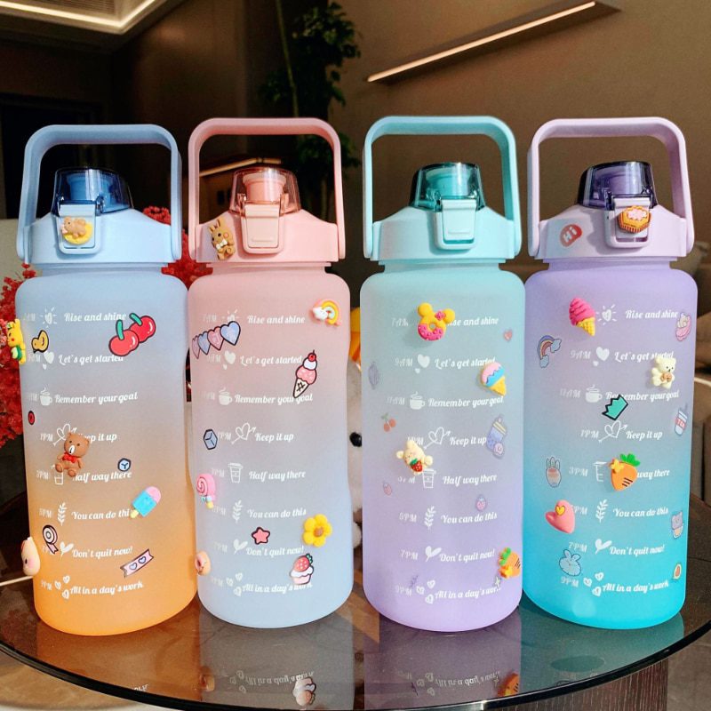 NEW Water Bottle 2L Large Capacity Outdoor Water Bottle with Bounce Cover Time Scale Reminder Sports Fitness Water Cup