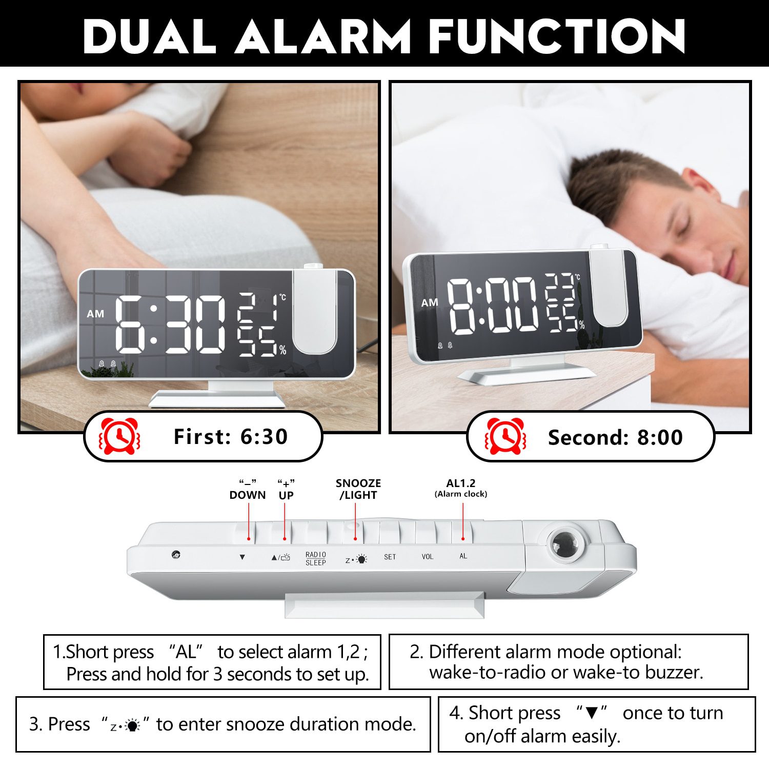 NEW LED Digital Alarm Clock Watch Table Electronic Desktop Clocks USB Wake Up FM Radio Time Projector Snooze Function 2 Alarm 2#