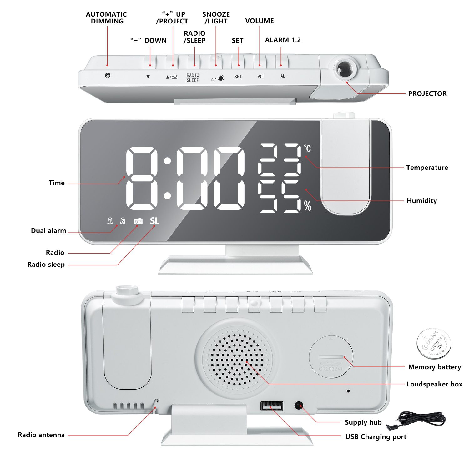 NEW LED Digital Alarm Clock Watch Table Electronic Desktop Clocks USB Wake Up FM Radio Time Projector Snooze Function 2 Alarm 2#