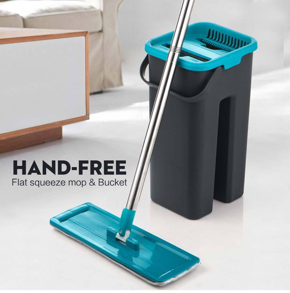 NEW Flat Squeeze Mop and Bucket Hand Free Wringing Floor Cleaning Mop Microfiber Mop Pads Wet or Dry Usage on Hardwood Laminate