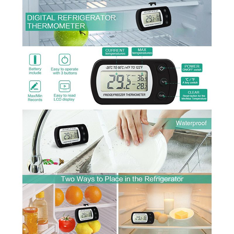 NEW Electronic Digital Refrigerator Thermometer LCD Screen Fridge Freezer Temperature With High & Low -20°C To 50°C Anti-h