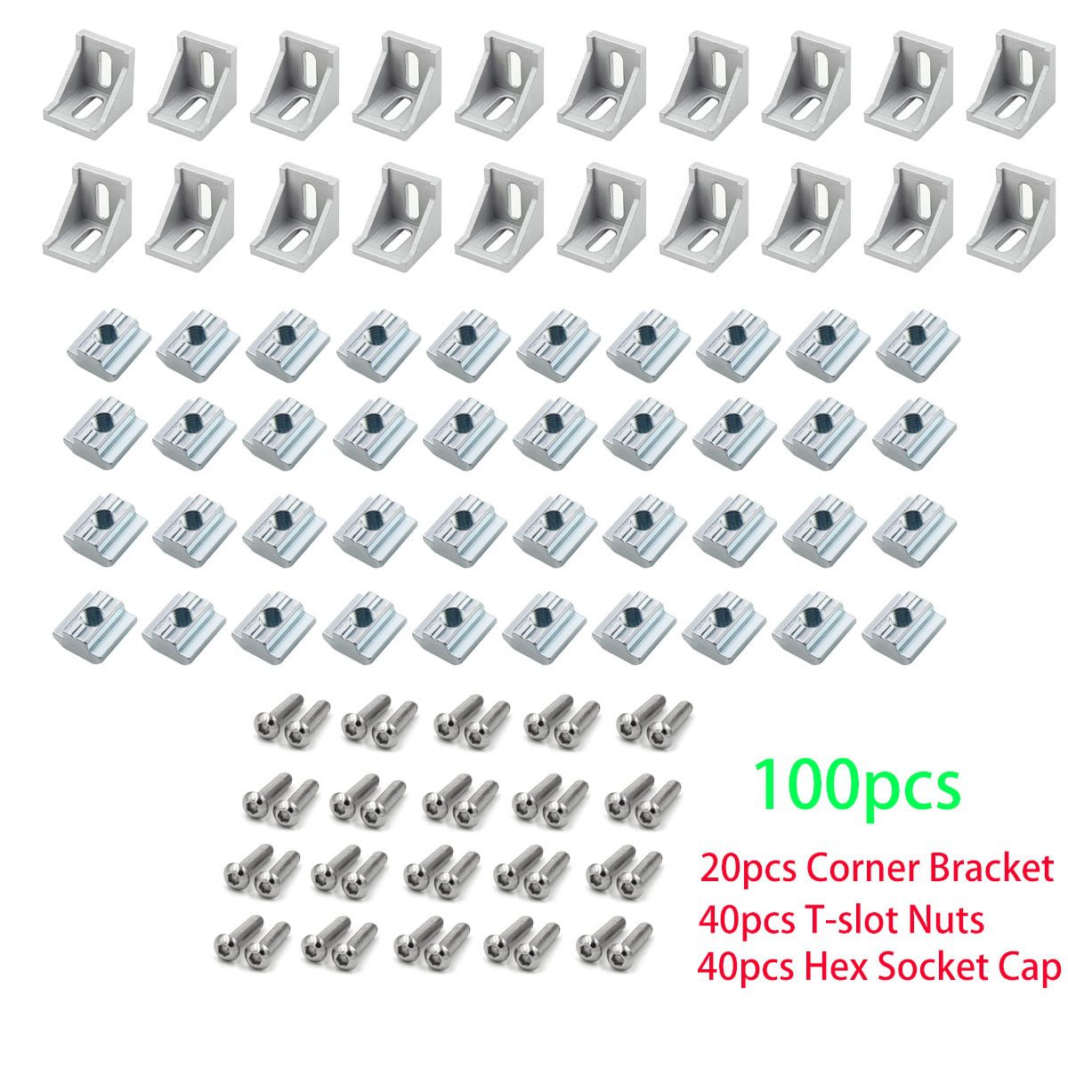 NEW 100pcs/box 1720 Aluminum Profile Connector 20pcs Corner Bracket +40pcs 20 Series M5 T-slot Nuts+40pcs M5x8mm Hex Socket Cap