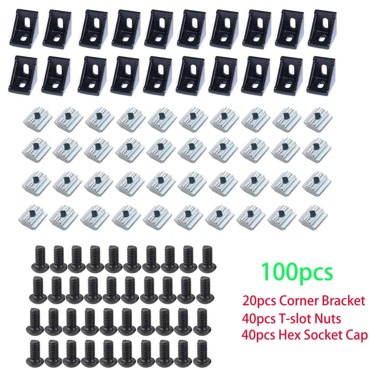 NEW 100pcs/box 1720 Aluminum Profile Connector 20pcs Corner Bracket +40pcs 20 Series M5 T-slot Nuts+40pcs M5x8mm Hex Socket Cap