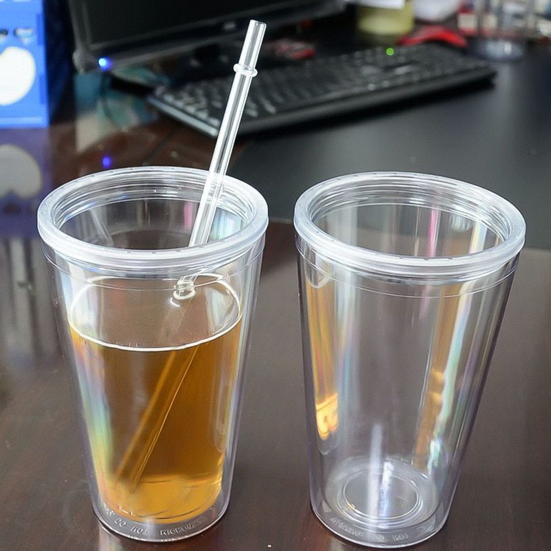 NEW 500ml Clear Tumbler with Straw Reusable Transparent Double-layer Water bottle For Coffee milk DIY Smoothie Cup Drinkware