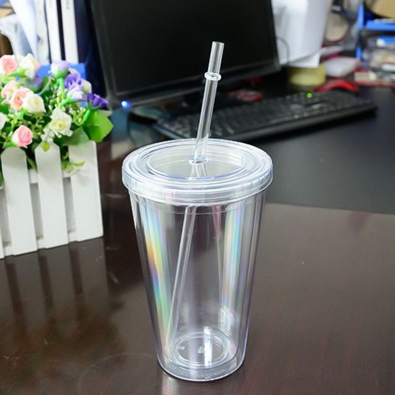 NEW 500ml Clear Tumbler with Straw Reusable Transparent Double-layer Water bottle For Coffee milk DIY Smoothie Cup Drinkware