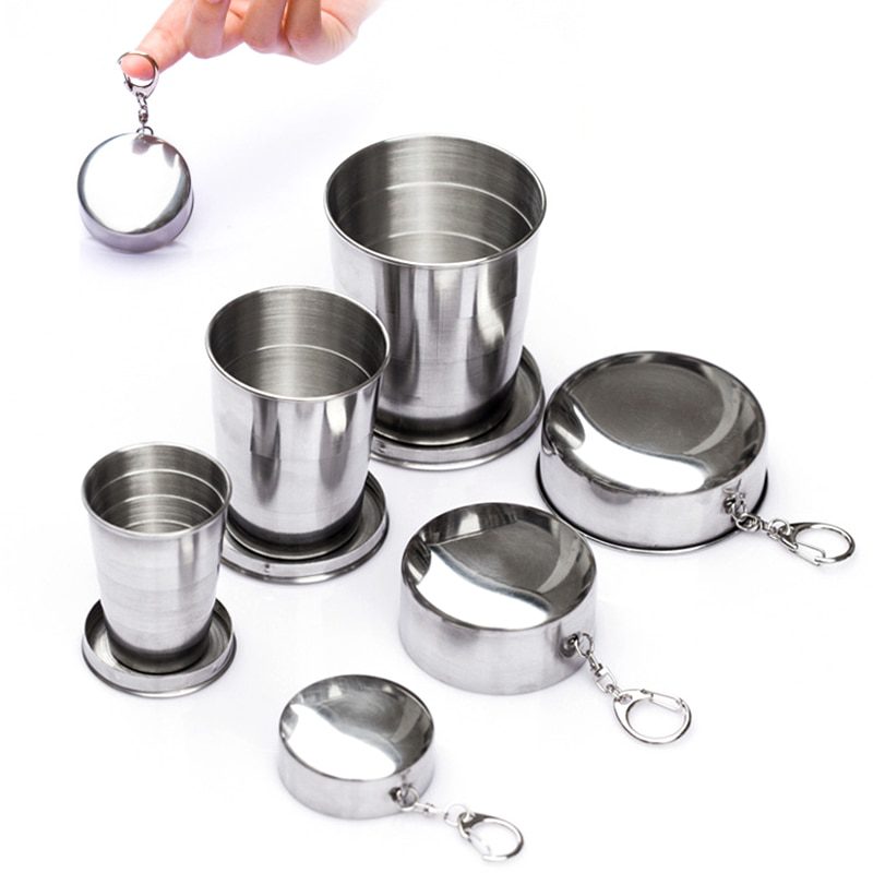 NEW Stainless Steel Folding Cup Portable Outdoor Travel Camping Telescopic Cup with Keychain Water Coffee Handcup