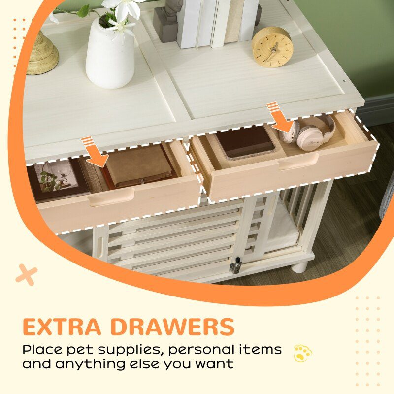 Pet Box End Table Dog Crate End Table with Cushion Sliding Door for Medium Dogs Wooden Wire Pet Kennel for Indoor Use, Natural