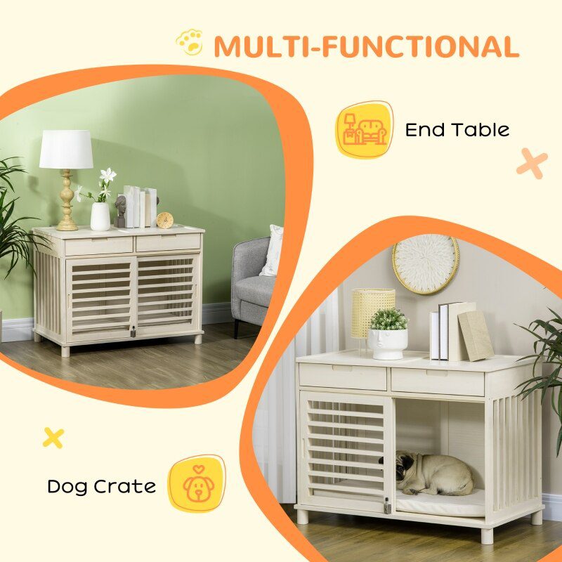 Pet Box End Table Dog Crate End Table with Cushion Sliding Door for Medium Dogs Wooden Wire Pet Kennel for Indoor Use, Natural