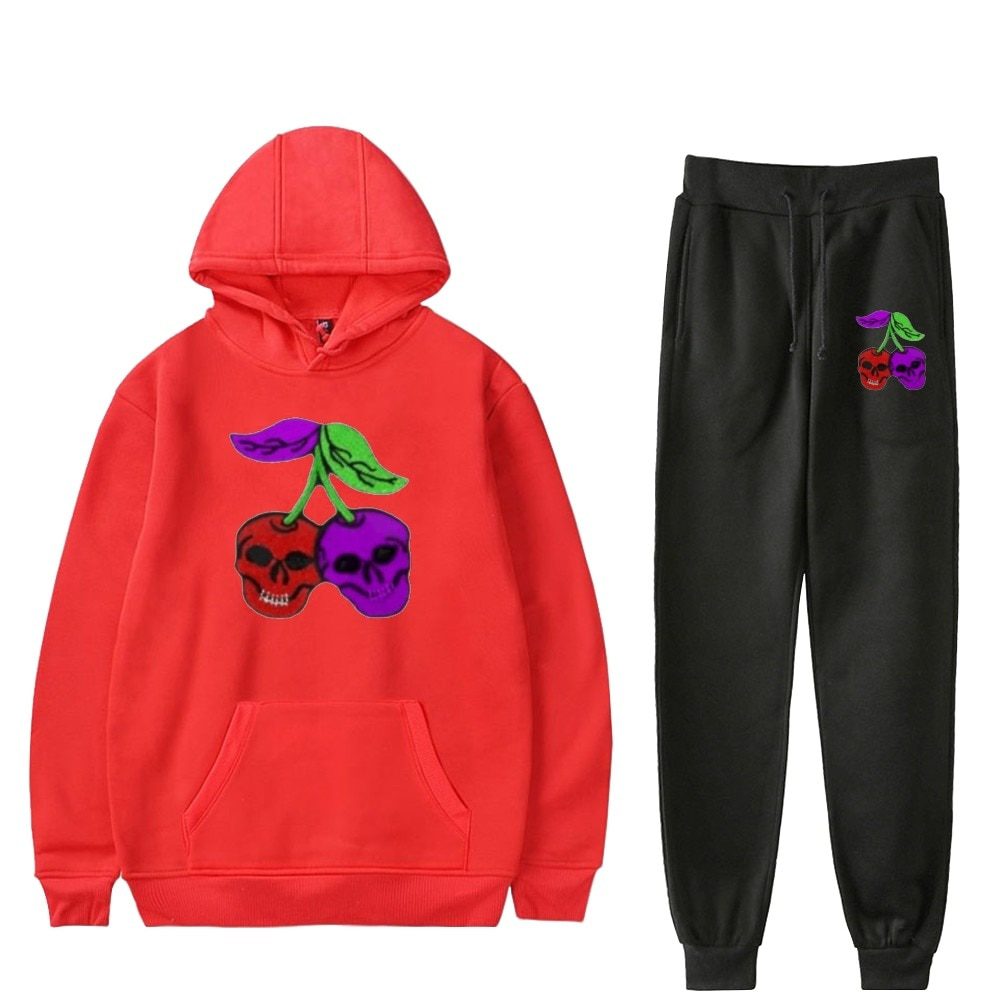 Fashion Cherry Skull Hoodies Sports Women Men Hot Two Piece Set Fashion Casual Autumn Winter Cherry Skull Hoodies Sets