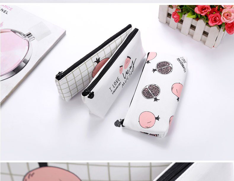 Fresh Cute Fruit Canvas Pencil Case Strawberry Pomegranate Zipper Pen Case Big Capacity School Supply Student Stationery