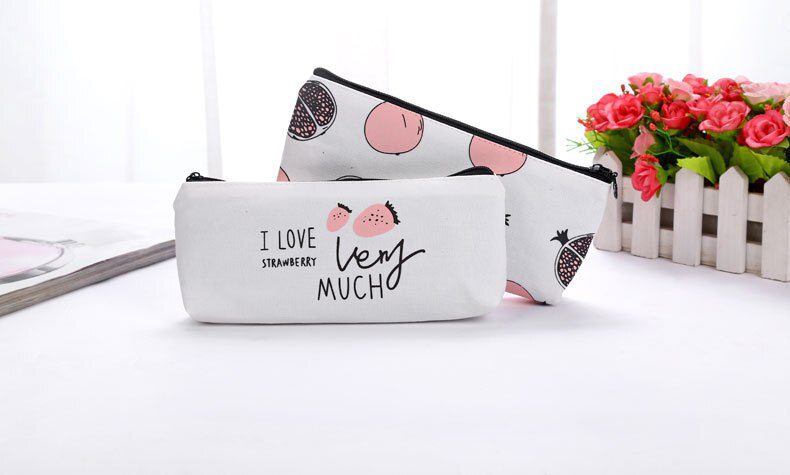 Fresh Cute Fruit Canvas Pencil Case Strawberry Pomegranate Zipper Pen Case Big Capacity School Supply Student Stationery