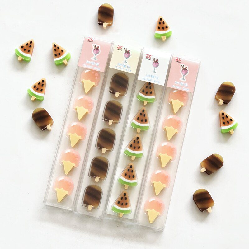 5pcs /Pack Cute Summer Style Watermelon Ice Cream Rubber Eraser Students Use Stationery