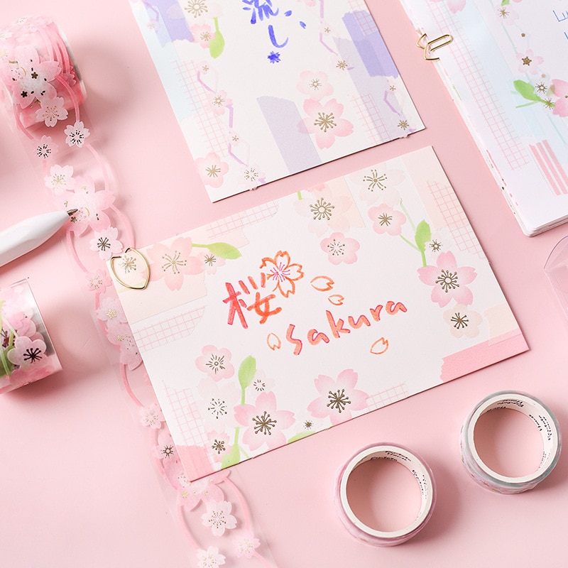 1 Roll March Sakura Hollowed Out Paper Tape +Clip Set Notebook Decoration