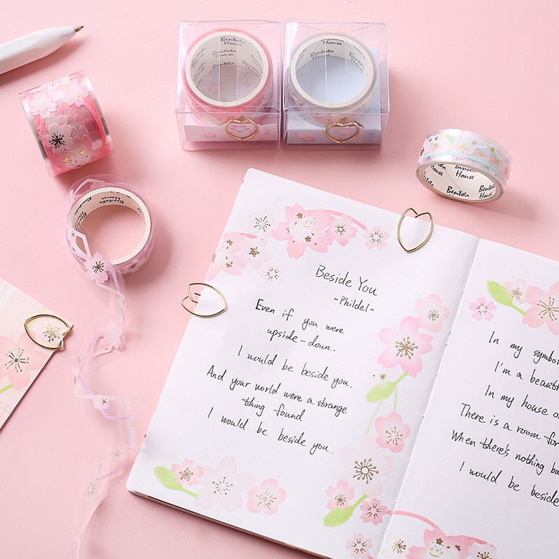 1 Roll March Sakura Hollowed Out Paper Tape +Clip Set Notebook Decoration