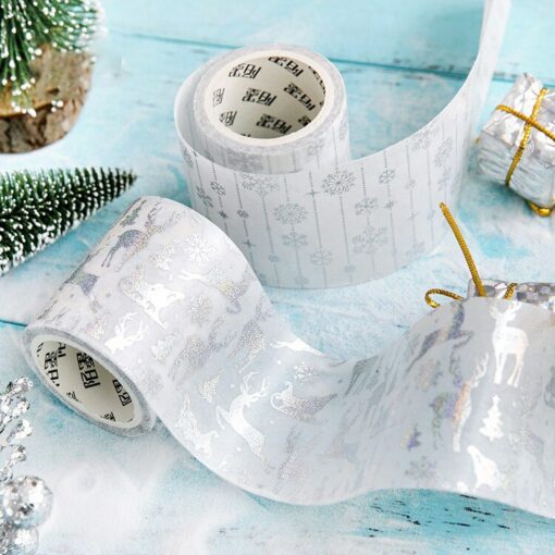 1 Roll 5cm Wide 5 Meters Long Silver Stamping Frozen Snow Elk and Snowflake Decorative Tape Stickers Diary Decoration