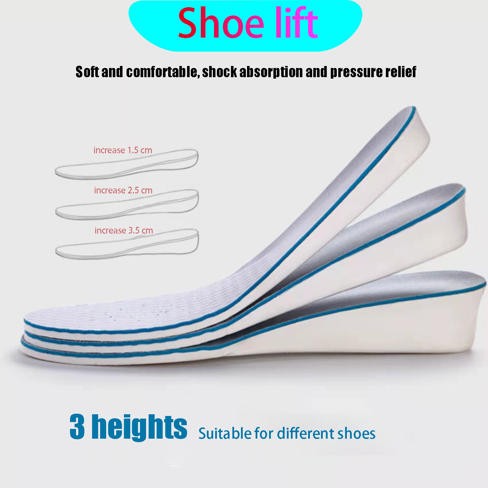 Raised Insole Men And Women Invisible Slim Comfortable Soft Insole Arch Support Light Soft Elastic Lift 1.5cm 2.5cm 3.5cm Raised