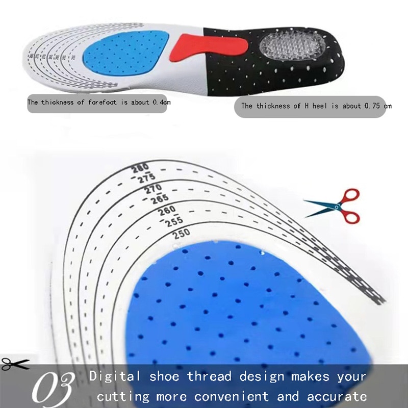 Silicone Sport Insoles Orthotic Arch Support Sport Shoe Pad Running Gel Insoles Men Women Orthotic Breathable Running Cushion