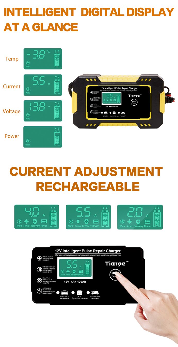 Automatic Car Battery Charger For Truck Motorcycle Lawn Mower Intelligent Multifunction Pulse Repair Starter Auto Parts Tool