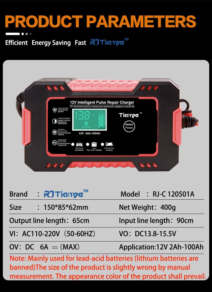 Automatic Car Battery Charger For Truck Motorcycle Lawn Mower Intelligent Multifunction Pulse Repair Starter Auto Parts Tool