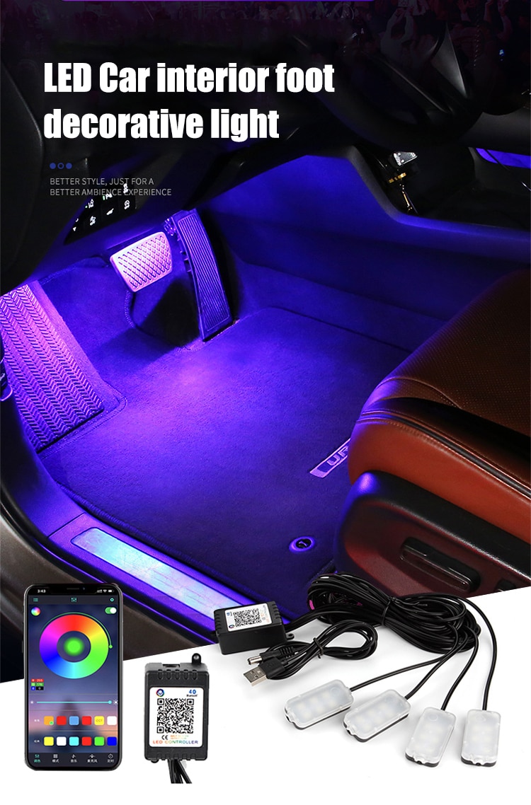 OKEEN 4PCS Car Atmosphere Led Foot Light USB Lighter APP Control RGB Multiple Modes Auto Interior Ambient Decorative Lamp