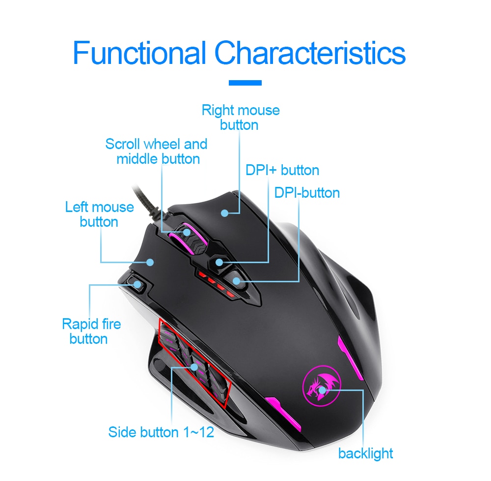 REDRAGON M908 Impact USB wired RGB Gaming Mouse 12400 DPI 17 buttons programmable game Optical mice for Computer PC Laptop