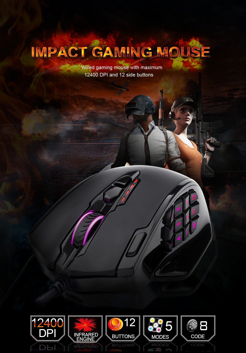 REDRAGON M908 Impact USB wired RGB Gaming Mouse 12400 DPI 17 buttons programmable game Optical mice for Computer PC Laptop