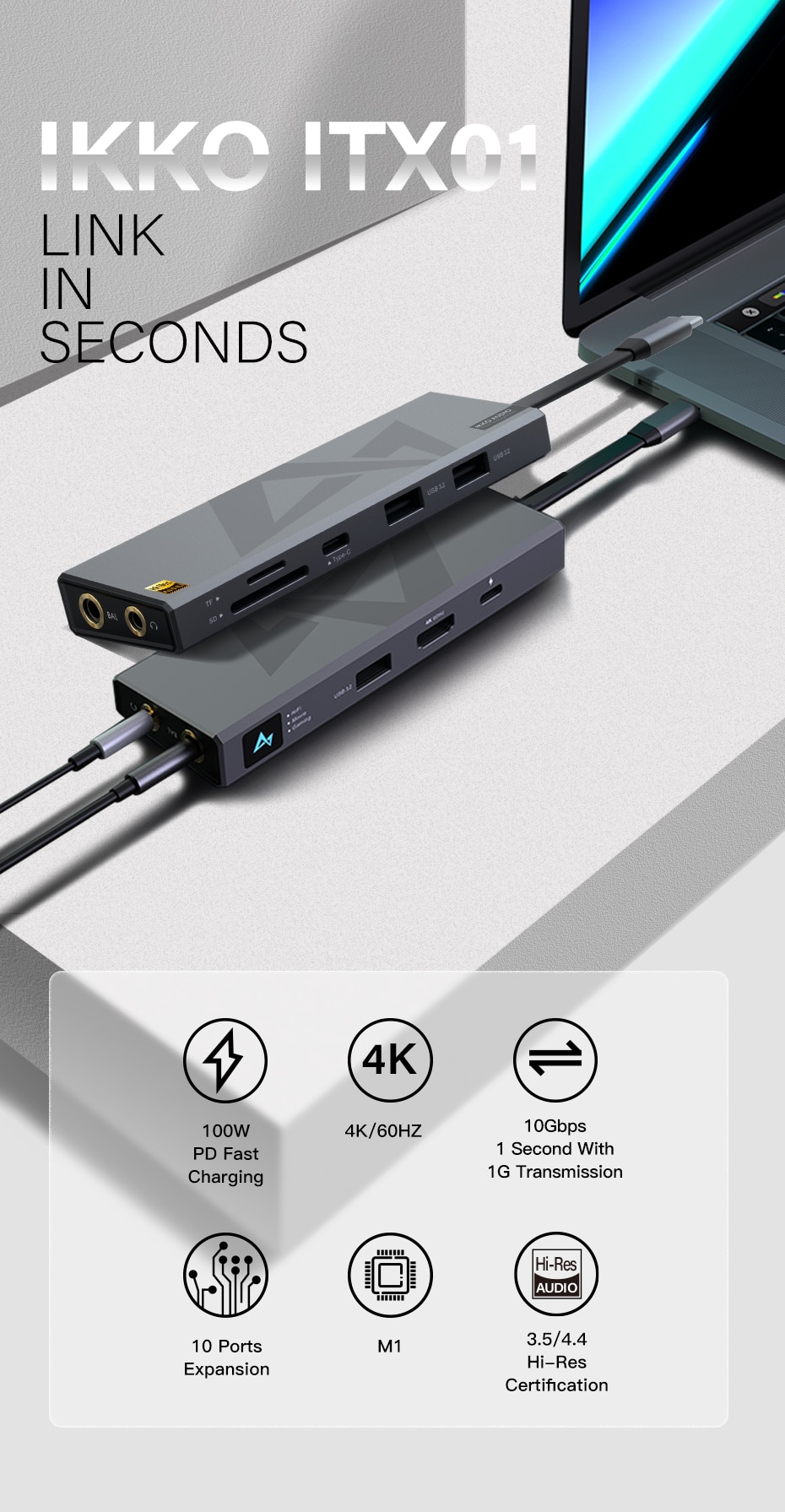 IKKO ITX01 tipi USB C HUB Dock istasyonu Splitter USB 3.2 adaptörü 10Gbps 10 in 1 Laptop için MacBook Pro Air Xiaomi PC aksesuarları