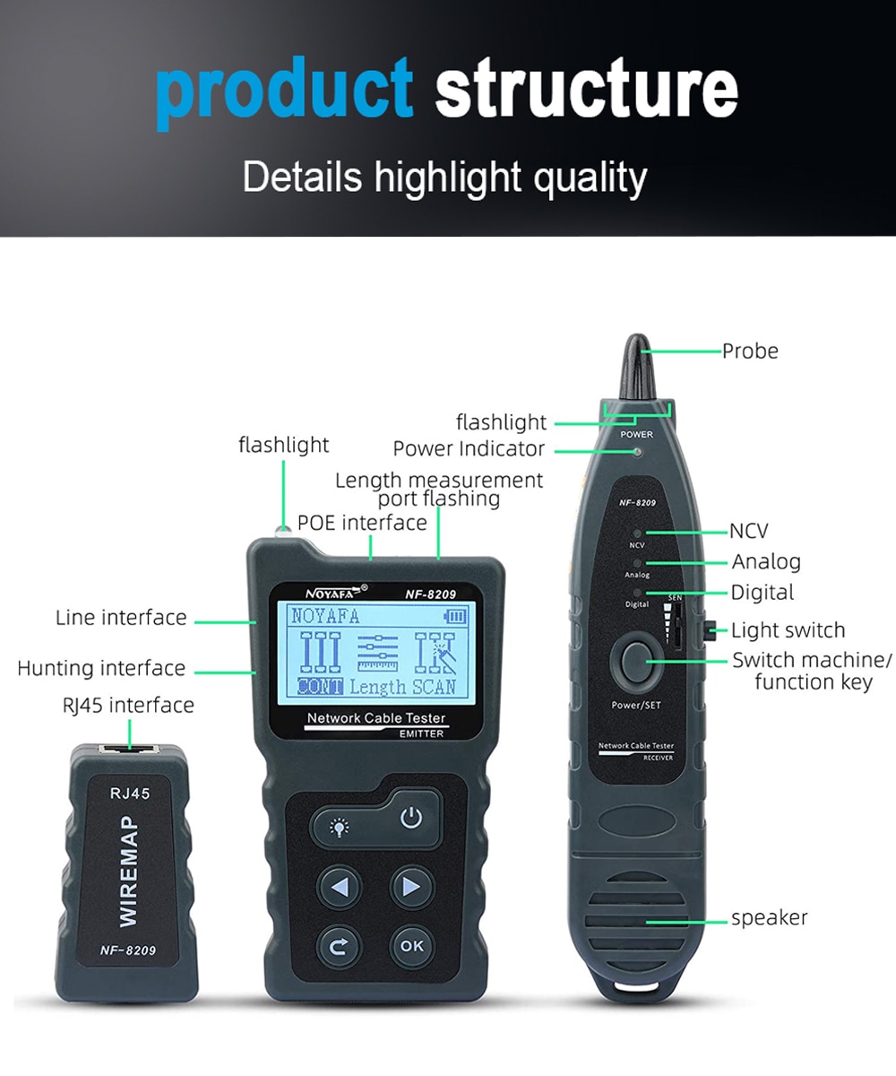 NOYAFA NF- 8209 Network Cable Tracker Cat5 Cat6 PoE Tester Detect Voltage Measure Fault Distance Cable Tester with NCV & Lamp