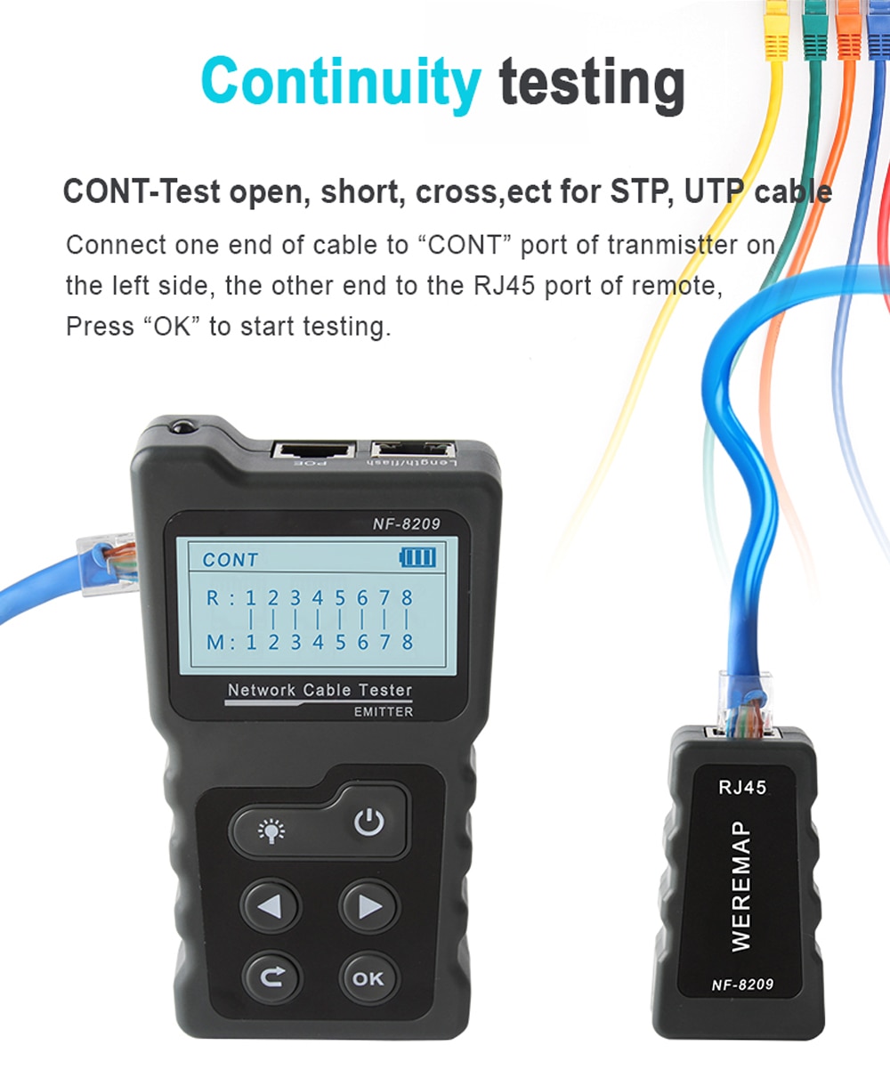 NOYAFA NF- 8209 Network Cable Tracker Cat5 Cat6 PoE Tester Detect Voltage Measure Fault Distance Cable Tester with NCV & Lamp