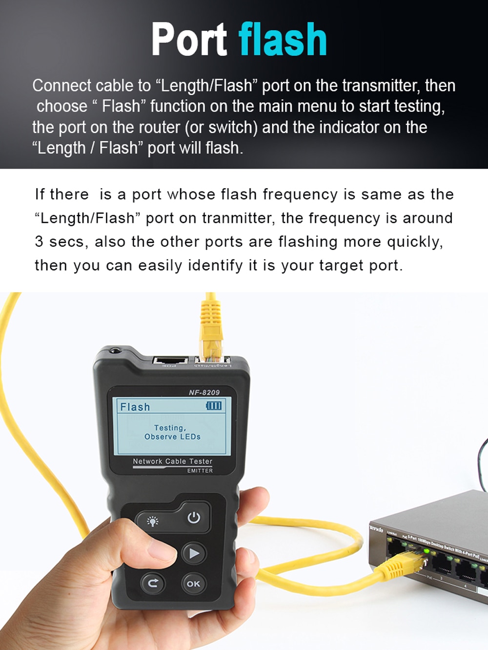 NOYAFA NF- 8209 Network Cable Tracker Cat5 Cat6 PoE Tester Detect Voltage Measure Fault Distance Cable Tester with NCV & Lamp