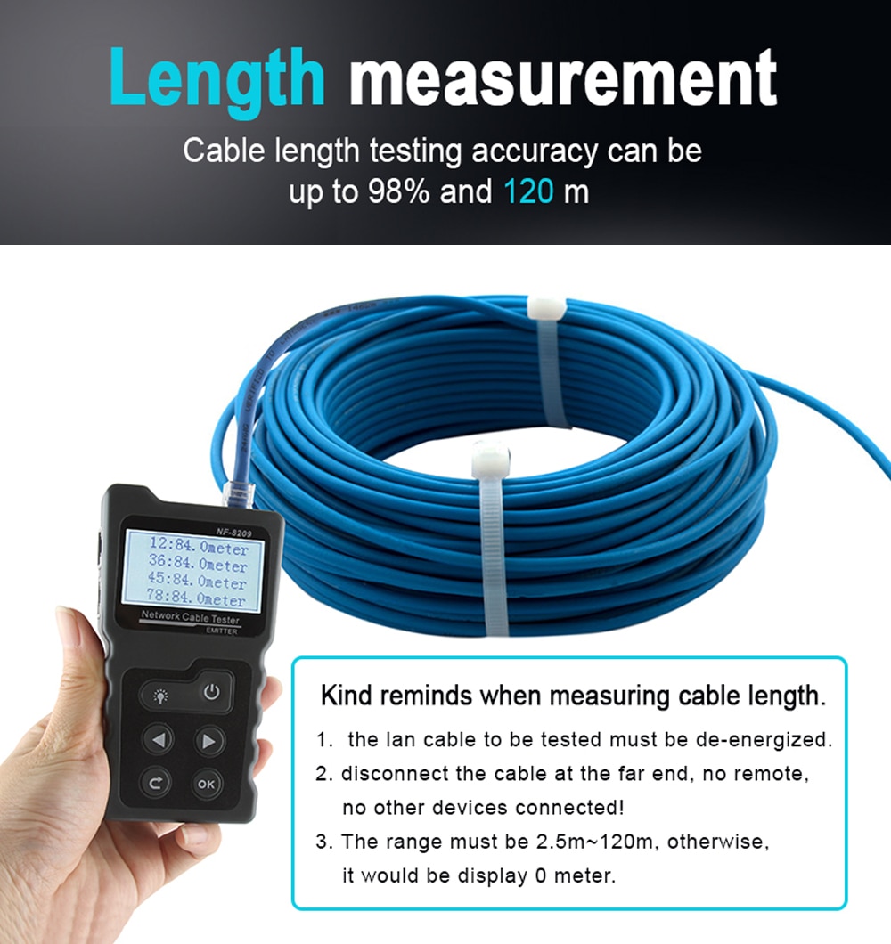 NOYAFA NF- 8209 Network Cable Tracker Cat5 Cat6 PoE Tester Detect Voltage Measure Fault Distance Cable Tester with NCV & Lamp