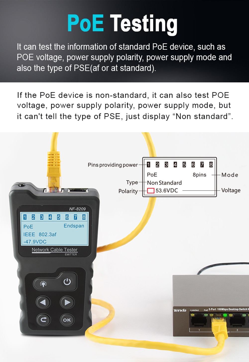 NOYAFA NF- 8209 Network Cable Tracker Cat5 Cat6 PoE Tester Detect Voltage Measure Fault Distance Cable Tester with NCV & Lamp