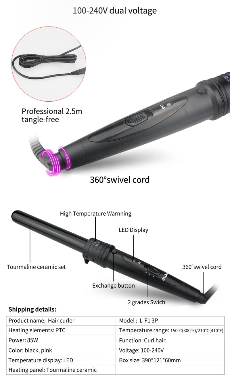 3 In1 Hair Curlers Care Styling Curling Iron Wand Interchangeable 3 Parts Clip Hair Iron Curler Set Curler Hair Styles Tool