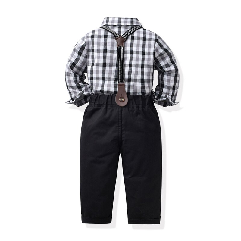 top and top Autumn Winter Kids Boys Formal Clothing Set Long Sleeve Plaid Bowtie Shirts+Suspenders Pants Children Formal Suits