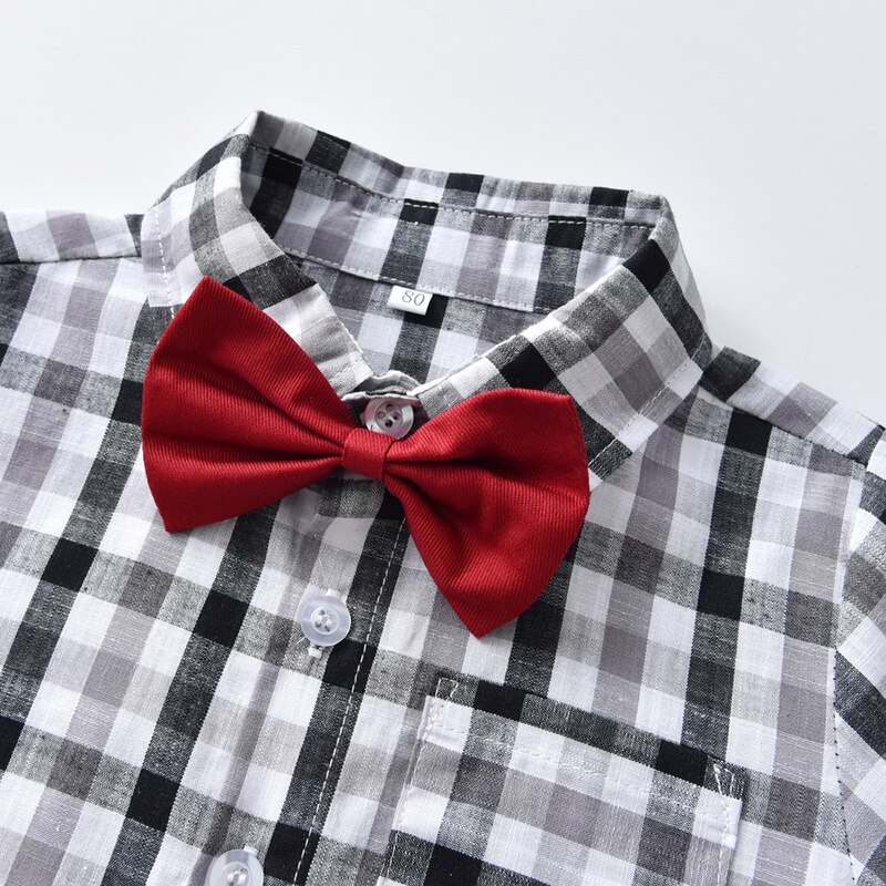 top and top Autumn Winter Kids Boys Formal Clothing Set Long Sleeve Plaid Bowtie Shirts+Suspenders Pants Children Formal Suits