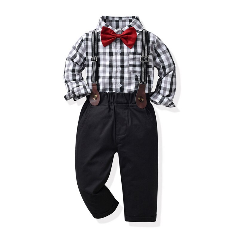 top and top Autumn Winter Kids Boys Formal Clothing Set Long Sleeve Plaid Bowtie Shirts+Suspenders Pants Children Formal Suits