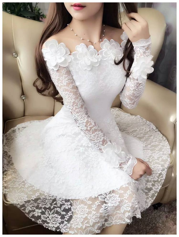 2018 Spring Summer Women Dresses Sexy Slash Neck Floral Lace Dress Female High Waist Long Sleeve A-Line Dress Party Vestidos 821